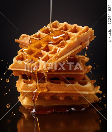 Delicious waffles topped with golden syrup, stacked high and glistening, make for a tempting treat against a rich, dark backdrop. Ideal for any meal or snack Delicious waffles topped with golden syrup, stacked high and glistening, make for a tempting treat against a rich, dark backdrop. Ideal for any meal or snack 122444624
