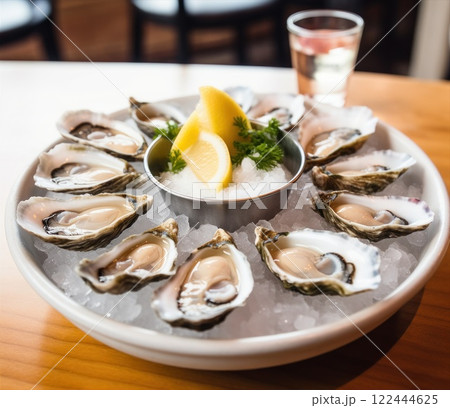 Elegant presentation of fresh oysters on ice, accompanied by a metal bowl of lemon and parsley garnish Elegant presentation of fresh oysters on ice, accompanied by a metal bowl of lemon and parsley garnish 122444625