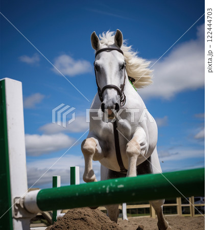Powerful white horse gracefully clearing a jump during an equestrian competition, showcasing athleticism and precision against a vibrant blue sky 122444703