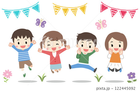 笑顔でジャンプしている4人の子供達のイラスト 122445092
