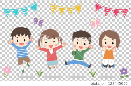 笑顔でジャンプしている4人の子供達のイラスト 122445092