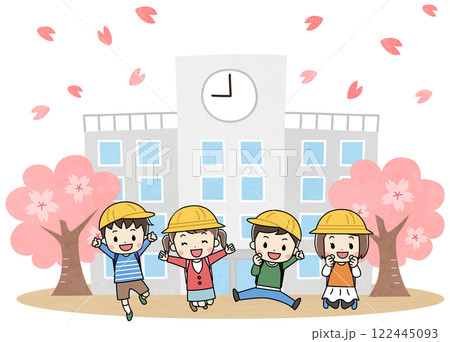 学校の前で笑顔でジャンプする小学生と桜の春のイラスト 学校の前で笑顔でジャンプする小学生と桜の春のイラスト 122445093