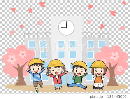A spring illustration of elementary school students jumping with a smile in front of the school and cherry blossoms A spring illustration of elementary school students jumping with a smile in front of the school and cherry blossoms 122445093