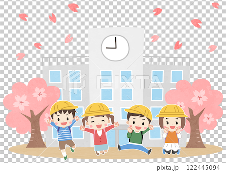 A spring illustration of elementary school students jumping with a smile in front of the school and cherry blossoms A spring illustration of elementary school students jumping with a smile in front of the school and cherry blossoms 122445094