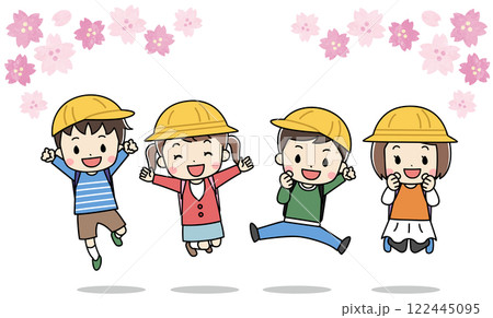 春にランドセルを背負った子供たちと桜のイラスト 122445095