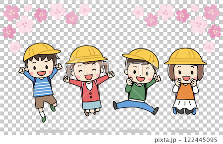 春にランドセルを背負った子供たちと桜のイラスト 122445095