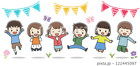 笑顔でジャンプしている6人の子供達のイラスト 122445097
