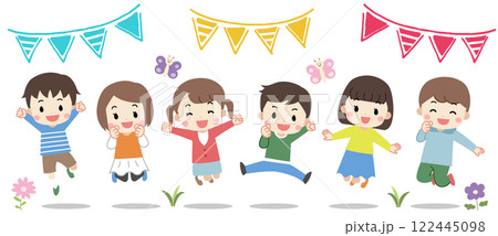 笑顔でジャンプしている6人の子供達のイラスト 122445098