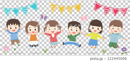 笑顔でジャンプしている6人の子供達のイラスト 122445098