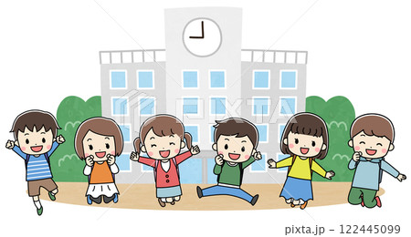 学校の前で笑顔でジャンプする供たちのイラスト 122445099