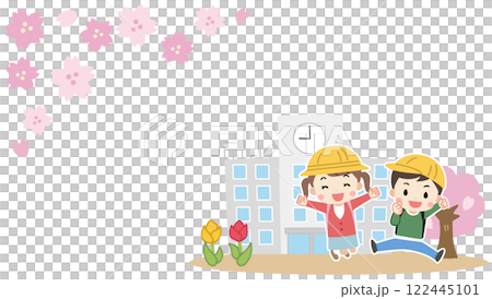 A spring illustration of elementary school students jumping with a smile in front of the school and cherry blossoms A spring illustration of elementary school students jumping with a smile in front of the school and cherry blossoms 122445101