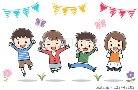 笑顔でジャンプしている4人の子供達のイラスト 122445102