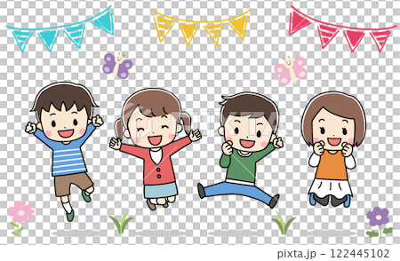 笑顔でジャンプしている4人の子供達のイラスト 122445102