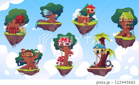 Vector set of treehouses on a summer flying island on a background of blue sky 122445682
