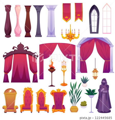 Throne room interior vintage decorations vector set, red curtains, throne chair, candles chandelier, statue with sword 122445685