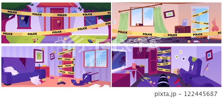 Crime scenes with Police tape vector set, crime investigation signs, dead body trace, murder weapon in blood, footprint Crime scenes with Police tape vector set, crime investigation signs, dead body trace, murder weapon in blood, footprint 122445687
