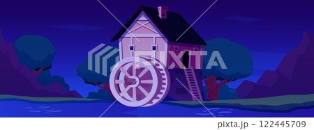 Water mill among the mountains and trees at night, vector vintage house with wheel to grind flour using river hydropower Water mill among the mountains and trees at night, vector vintage house with wheel to grind flour using river hydropower 122445709