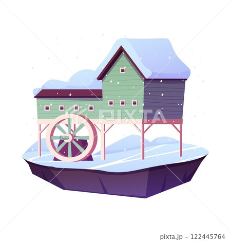Water mill on piles on floating land island in winter flat vector icon, vintage wooden house with wheel and snowdrifts 122445764
