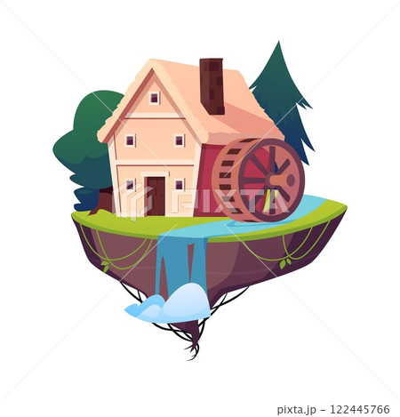 Vector illustration of a watermill on a floating island. 122445766