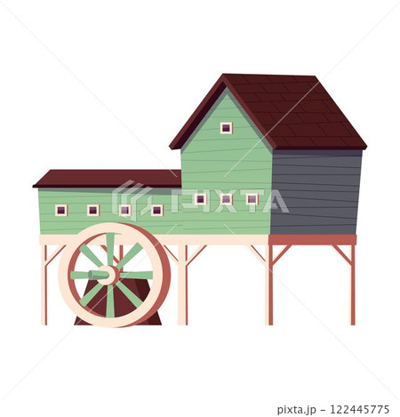 Water mill on piles, vector flat vintage wooden house with wheel to grind flour using hydropower of river, farm industry Water mill on piles, vector flat vintage wooden house with wheel to grind flour using hydropower of river, farm industry 122445775