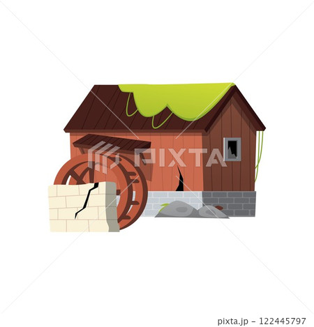 Abandoned water mill vector flat icon, vintage old destroyed stone and wooden house with broken grinding wheel Abandoned water mill vector flat icon, vintage old destroyed stone and wooden house with broken grinding wheel 122445797