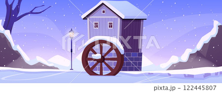 Vector illustration of winter background with old water mill in flat style. Vector illustration of winter background with old water mill in flat style. 122445807