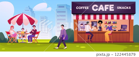 Vector illustration of cityscape with street cafe and people. Vector illustration of cityscape with street cafe and people. 122445879
