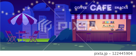 Vector illustration of night street cafe in city park. 122445904