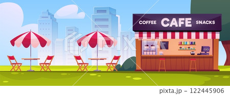 Street Cafe Coffee and snacks shop in park, vector cafe with umbrella, table chairs, fast food restaurant small building 122445906