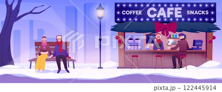 Street Cafe with Christmas decoration and people, vector Coffee and snacks shop, lantern and bench on winter cityscape Street Cafe with Christmas decoration and people, vector Coffee and snacks shop, lantern and bench on winter cityscape 122445914