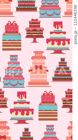 Seamless vector pattern with birthday cakes on pink background. Festive texture with treats. Background with Wedding cakes Seamless vector pattern with birthday cakes on pink background. Festive texture with treats. Background with Wedding cakes 122446390