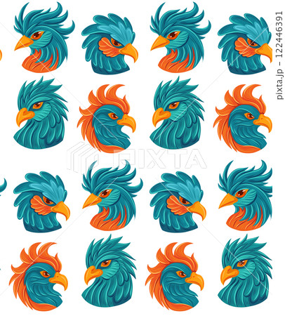 Vector seamless pattern with blue bird on white background. Texture with parrot heads in cartoon fantasy style. Textile with hand drawn macaws 122446391