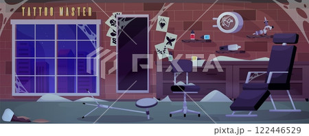 Abandoned tattoo salon interior with broken scattered tools and equipment vector flat illustration, dusty room, cobwebs Abandoned tattoo salon interior with broken scattered tools and equipment vector flat illustration, dusty room, cobwebs 122446529