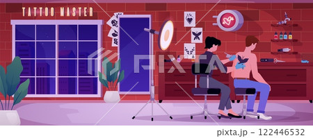 Vector illustration of tattoo studio interior with characters at work. Vector illustration of tattoo studio interior with characters at work. 122446532