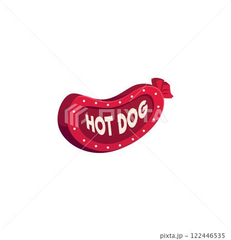 Hot Dog signboard in the shape of sausage vector icon, red lamp sign, light banner, billboard for street fast food cafe 122446535