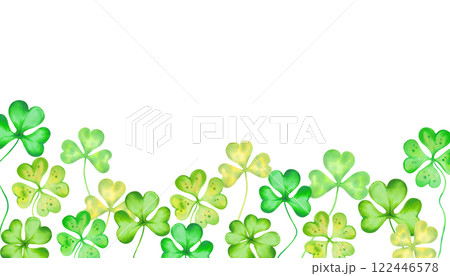 Horizontal frame of shamrock, four leaf clover for St. Patrick's Day. Watercolor, marker illustration. Hand drawn isolated art. Clover lucky charm. Botanical background with text space, copy space. 122446578