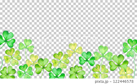 Horizontal frame of shamrock, four leaf clover for St. Patrick's Day. Watercolor, marker illustration. Hand drawn isolated art. Clover lucky charm. Botanical background with text space, copy space. 122446578