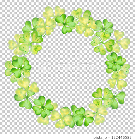 Round frame of shamrock and four leaf clover for St. Patrick's Day. Watercolor and marker illustration. Hand drawn isolated art. Botanical background with space for text, copy space. 122446585