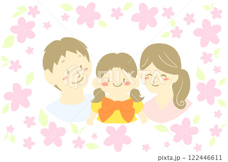 桜に囲まれた父、母、娘の3人家族　笑顔の親子 122446611