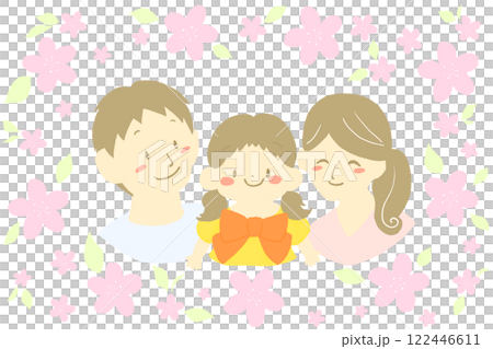 桜に囲まれた父、母、娘の3人家族　笑顔の親子 122446611