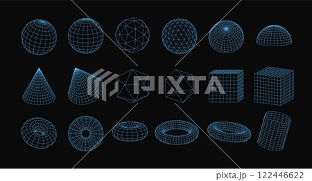 Vector set of abstract wireframe geometric shapes: sphere, torus and others that glow neon blue. Vector set of abstract wireframe geometric shapes: sphere, torus and others that glow neon blue. 122446622