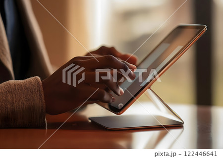 タブレットを操作するビジネスパーソンの手元 122446641