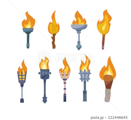 A vector set of torches with flames for the dungeon, creating a bright atmosphere 122446645