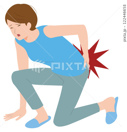 立ち上がろうとして激痛が走る。ぎっくり腰で腰を押さえるシニア女性のイラスト 122446658