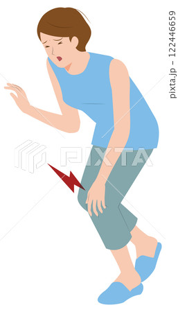 膝の痛み。膝を押さえるのシニア女性のイラスト。 122446659