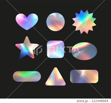 Holographic stickers vector set, holographic metal foil tags, badges, labels of various shapes, stamps rainbow effect 122446664