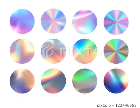 Illustration of a set of holographic neon blank stickers on an isolated white background. Illustration of a set of holographic neon blank stickers on an isolated white background. 122446665