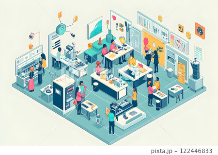 忙しい研究室、協力して作業する人々のイラスト 忙しい研究室、協力して作業する人々のイラスト 122446833