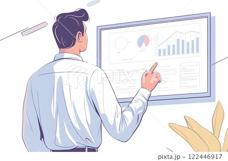 ボードにプレゼンテーションをする男性の背面イラスト ボードにプレゼンテーションをする男性の背面イラスト 122446917