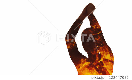 Energetic silhouette. Positive vibe. Double exposure outline of inspired woman enjoying dancing burning in glitter flame sparks isolated on white empty space background. Energetic silhouette. Positive vibe. Double exposure outline of inspired woman enjoying dancing burning in glitter flame sparks isolated on white empty space background. 122447083